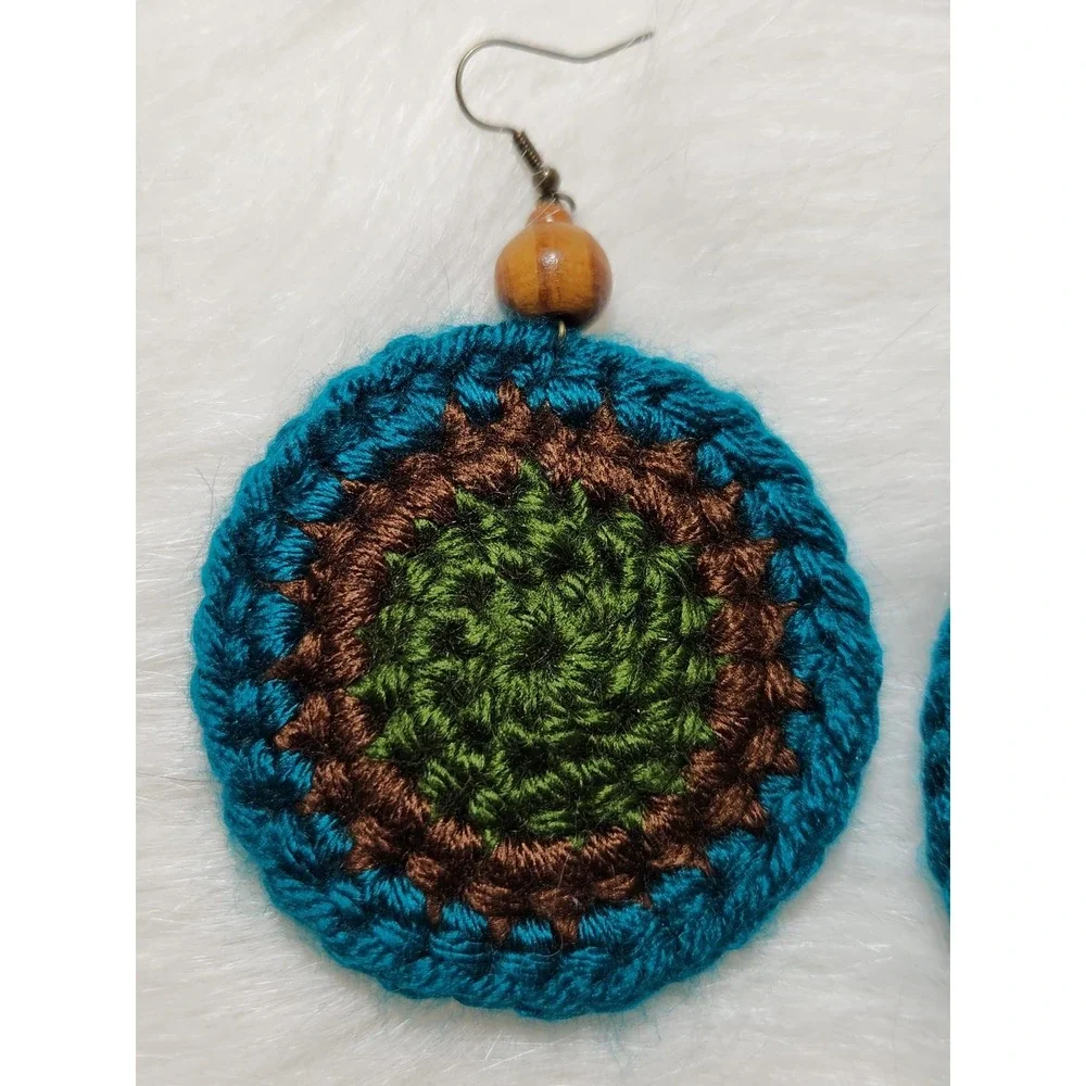 Round Crochet Earrings: Island Green Acrylic Yarn‎ with Wood Beads